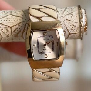 Vintage Geneva Cream & Gold Tone Bangle Cuff Watch Women's Quartz Analog Elegant